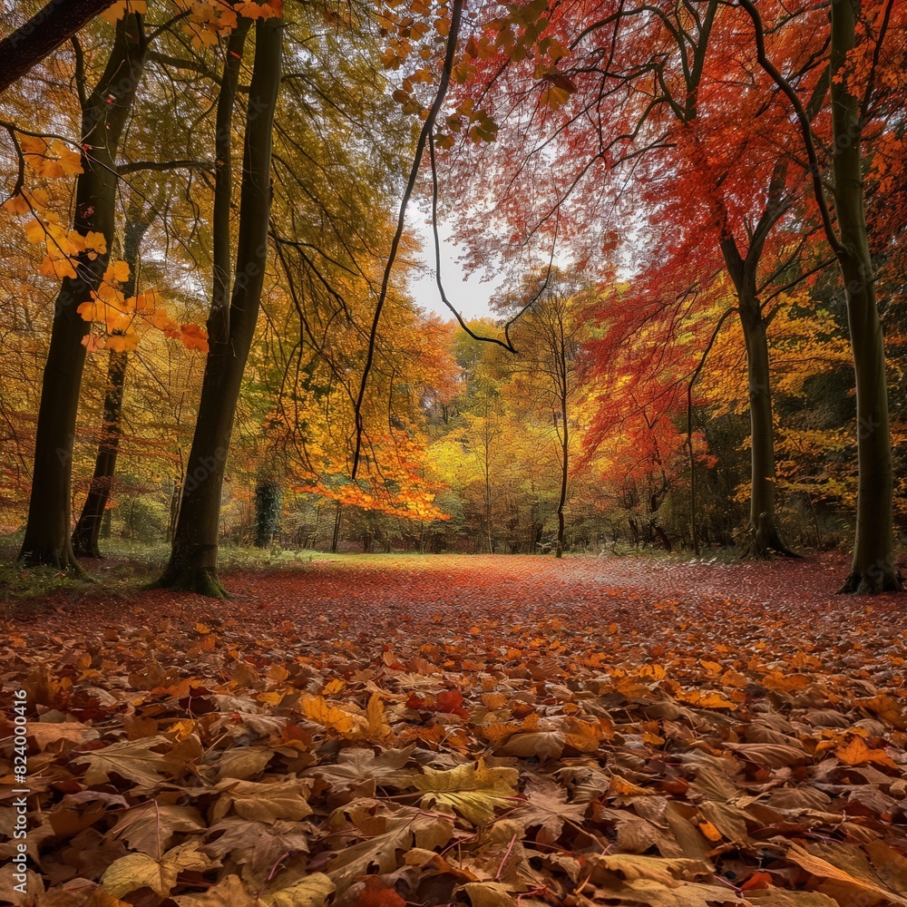 A serene forest landscape in autumn, with a carpet of crisp, golden leaves underfoot and a kaleidoscope of red, orange, and yellow foliage above.