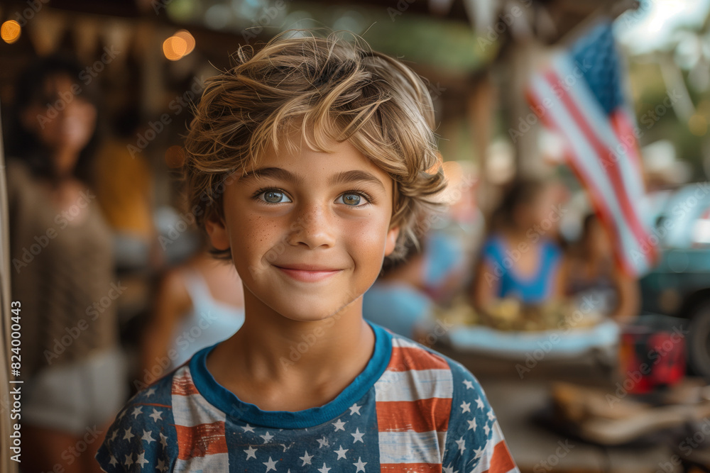Young boy in an american flag shirt in an outdoor 4th of July barbecue party Young boy in an american flag shirt in an outdoor 4th of July barbecue party