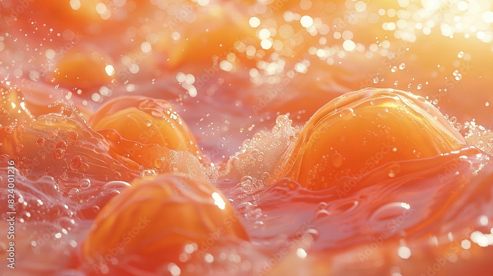 Oranges float above the water's surface, each droplet cascading downward Oranges float above the water's surface, each droplet cascading downward