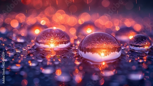  A set of transparent orbs perched atop a moist surface, framed by an orange sky