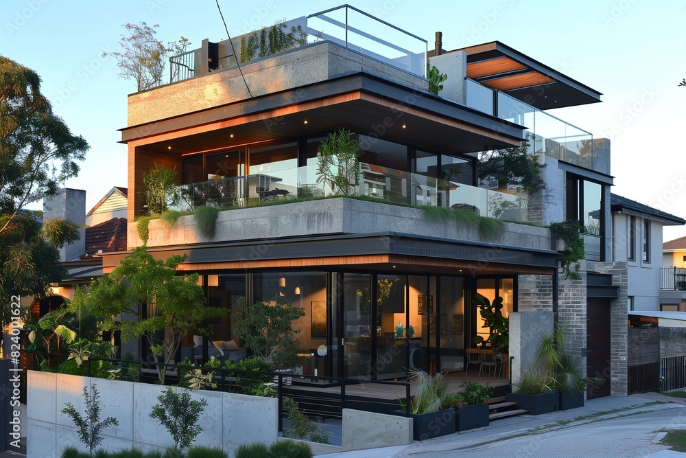: A contemporary urban suburban house with a boxy design, rooftop terrace, and a mix of concrete and glass materials, located in a vibrant city suburb. : A contemporary urban suburban house with a boxy design, rooftop terrace, and a mix of concrete and glass materials, located in a vibrant city suburb.
