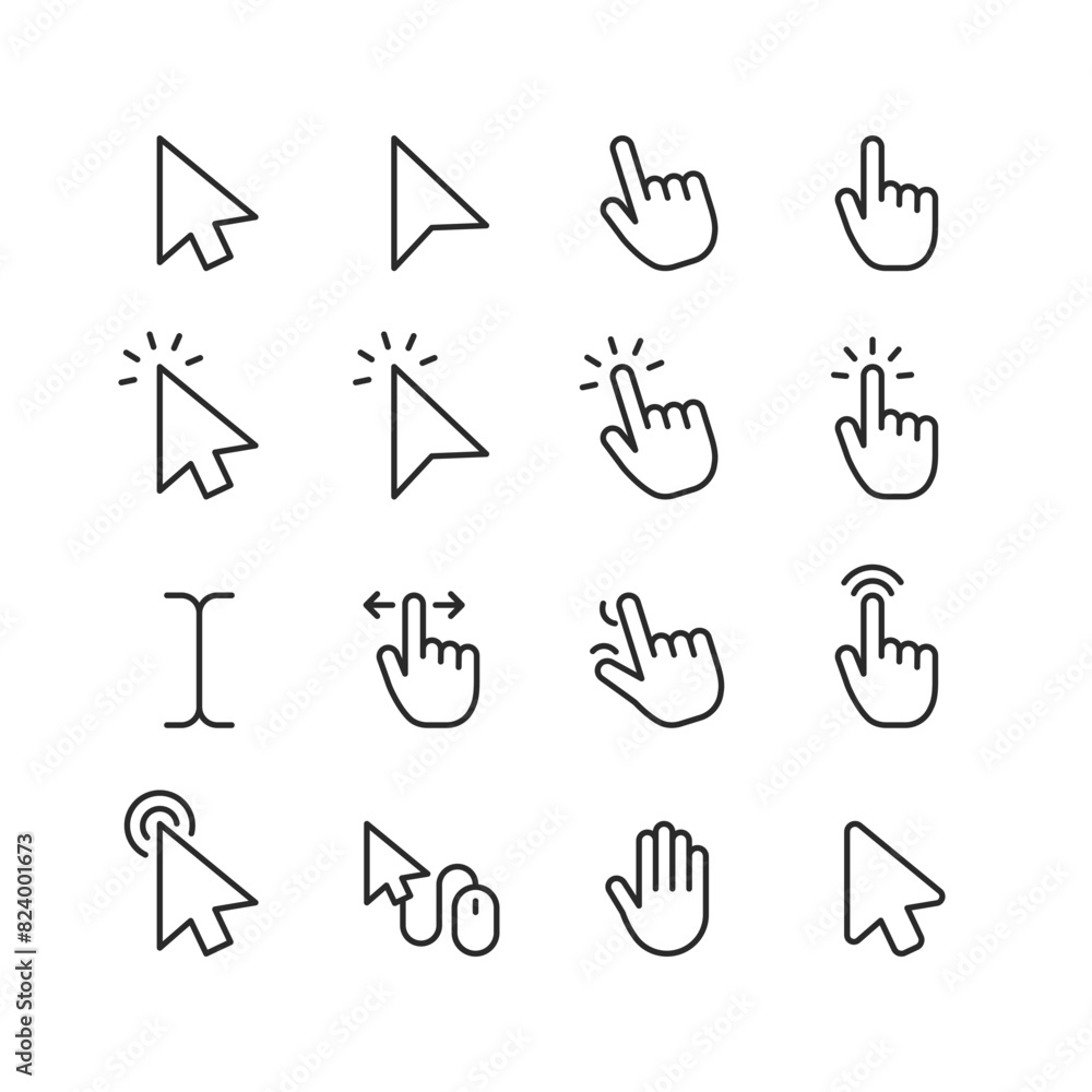 Mouse Cursors and Pointers, linear style icon set. On-screen navigation and user interactions. Cursor designs - arrows, hands. Clicking, selecting, dragging actions. Editable stroke width.
