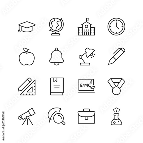 Education linear style icon set. Learning tools, school supplies and symbolic elements. Primary, secondary and higher education environments. Editable stroke width.