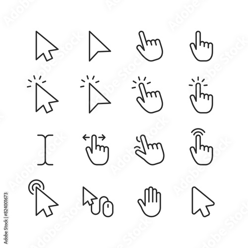 Mouse Cursors and Pointers, linear style icon set. On-screen navigation and user interactions. Cursor designs - arrows, hands. Clicking, selecting, dragging actions. Editable stroke width.