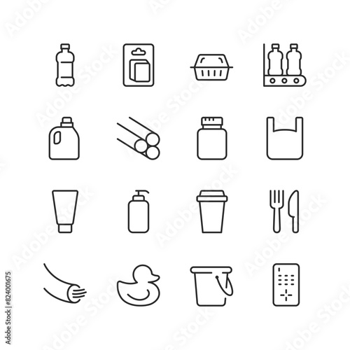 Plastic, linear style icon set. and Polymer Products. Single-use and durable plastic items for packaging, containers, utensils and more. Synthetic material goods. Editable stroke width.