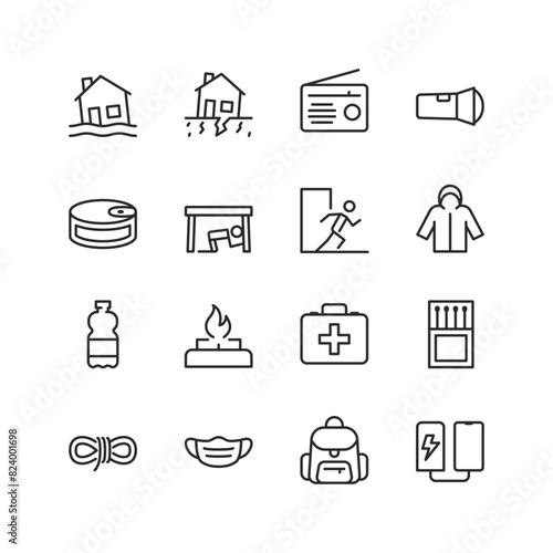 Disaster Preparedness and Survival, linear style icon set. Natural calamities, floods, earthquakes and destructive forces. Emergency equipment. Shelter and evacuation. Editable stroke width