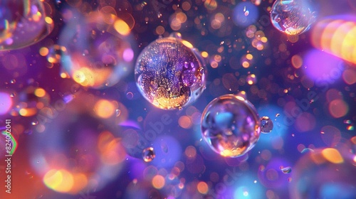  A cluster of numerous bubbles buoyant on a darkened azure-purple backdrop, with multiple bubbles intertwined above one another
