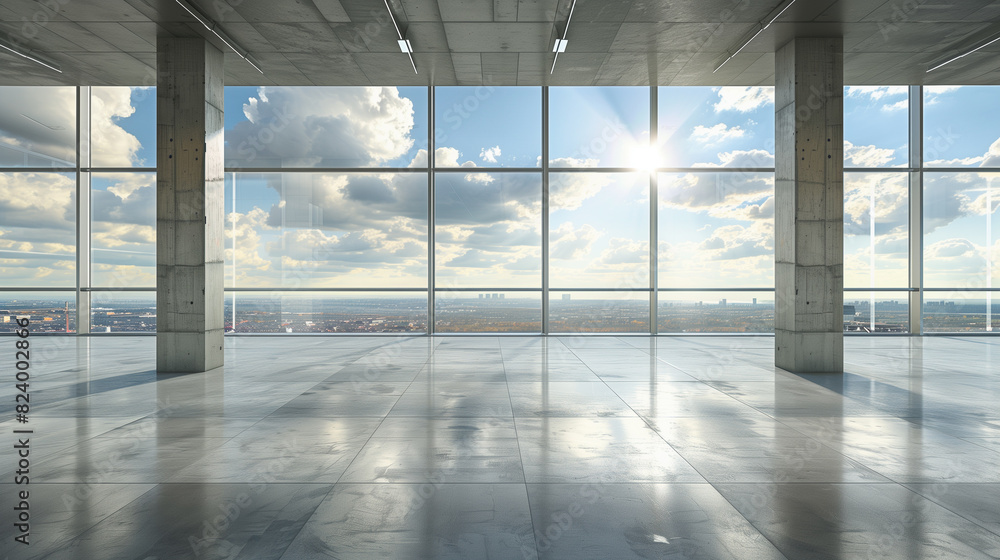 A spacious, empty office with floor-to-ceiling windows offers a panoramic view of the city under a bright, sunny sky in the afternoon A spacious, empty office with floor-to-ceiling windows offers a panoramic view of the city under a bright, sunny sky in the afternoon