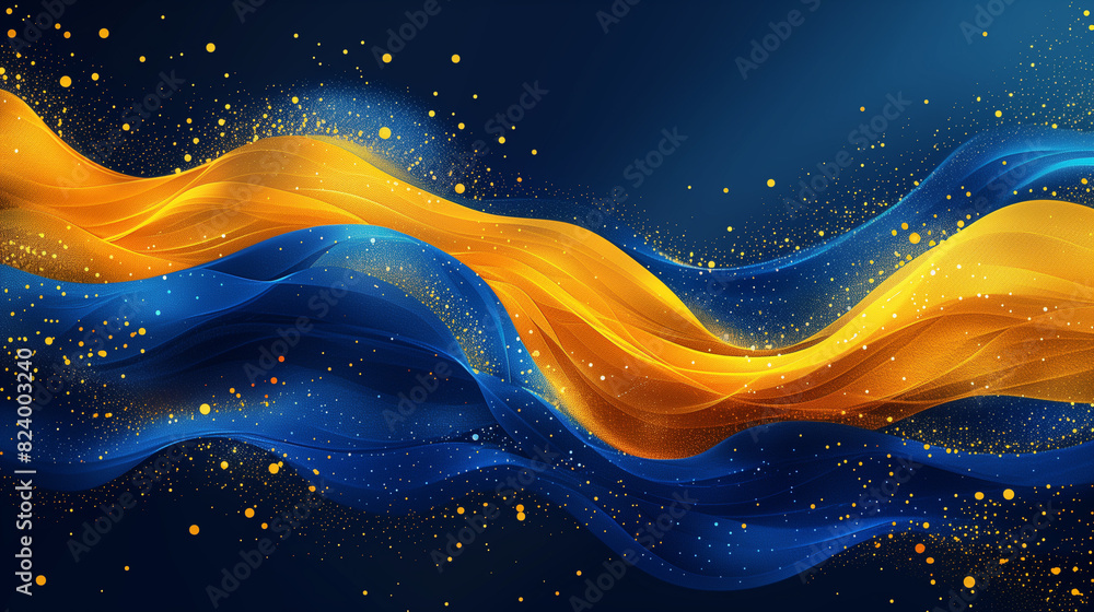 A dynamic wave in shades of blue and yellow adorned with sparkling gold accents A dynamic wave in shades of blue and yellow adorned with sparkling gold accents