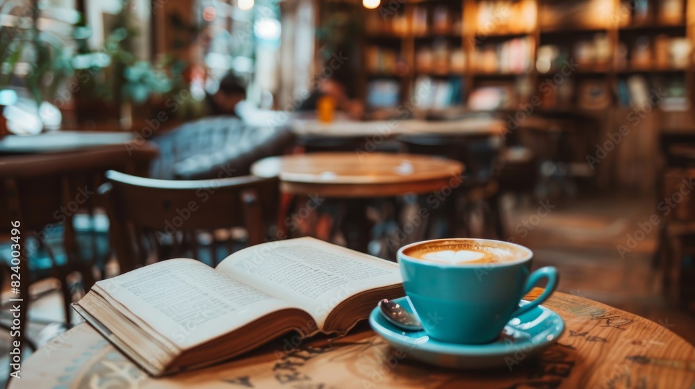 A coffee cup sits on a table in a cozy coffee shop setting, accompanied by a book, invoking a relaxed reading atmosphere. A coffee cup sits on a table in a cozy coffee shop setting, accompanied by a book, invoking a relaxed reading atmosphere.