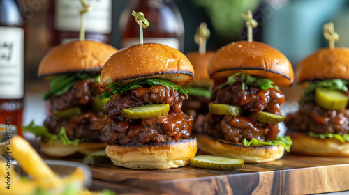  row of mouthwatering burger buns filled with juicy meat and drizzled with sweet and sour sauce, garnished with pickles on an elegant wooden platter, surrounded by bottles of whiskey