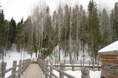 wooden stairs and wooden bridges in a park among trees in winter