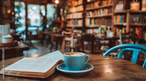 A coffee cup sits on a table in a cozy coffee shop setting, accompanied by a book, invoking a relaxed reading atmosphere.