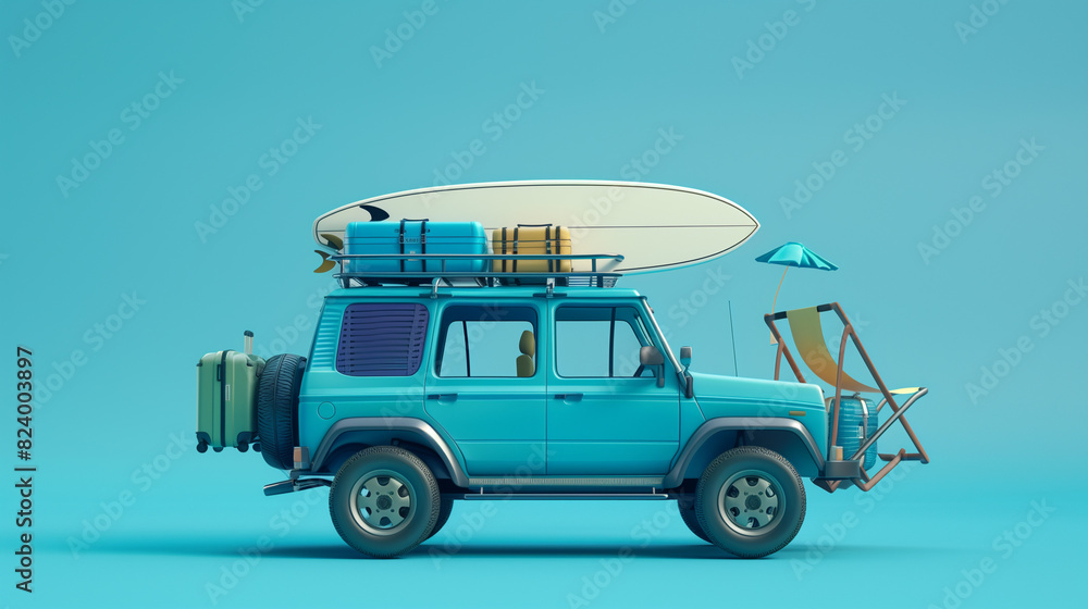 Fototapeta premium A blue car with luggage and a surfboard on top of it