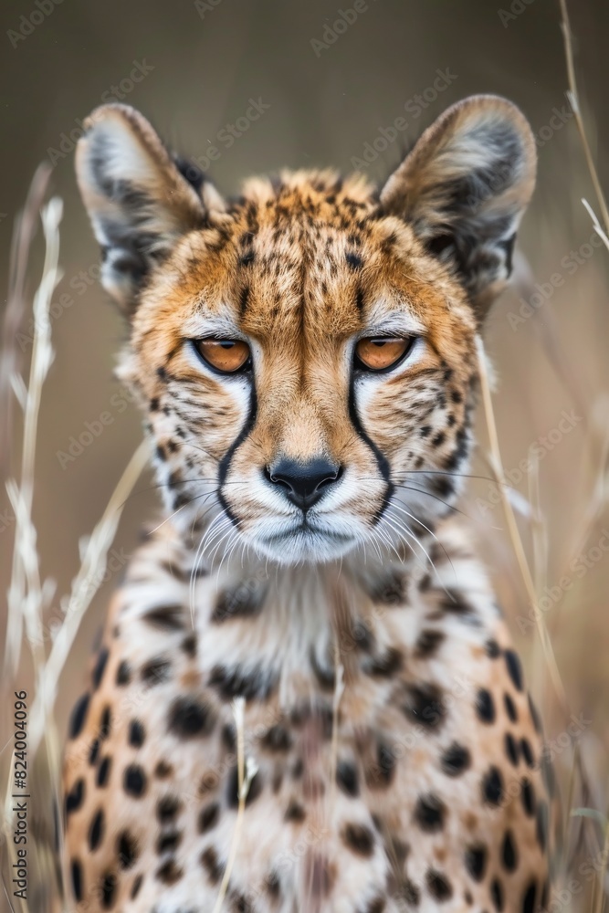 Closeup of Cheetah Cub in Savanna with Spotted Fur, Majestic Young Wildlife Closeup of Cheetah Cub in Savanna with Spotted Fur, Majestic Young Wildlife