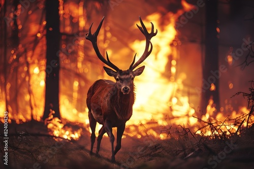 Deer walking in a forest fire. Climate change and global warming. Natural disaster  wildlife and wildfire concept. Design for banner  poster