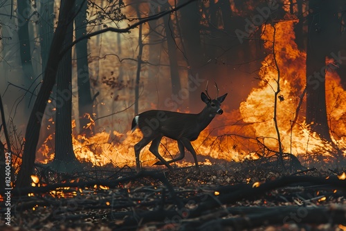 Deer running away from a forest fire. Climate change and global warming. Natural disaster, wildlife and wildfire concept. Design for banner, poster