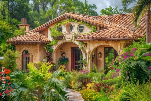   A Mediterranean-style suburban house with terracotta roof tiles  stucco walls  and arched windows and doorways  surrounded by lush greenery and vibrant flowers.