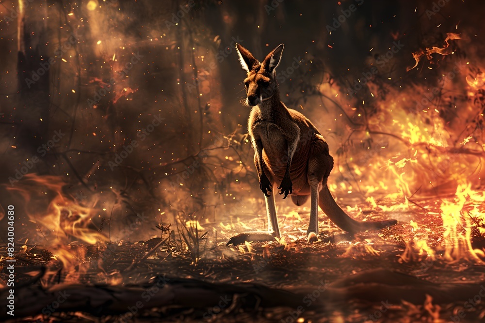 Kangaroo escapes a forest fire. Climate change and global warming ...