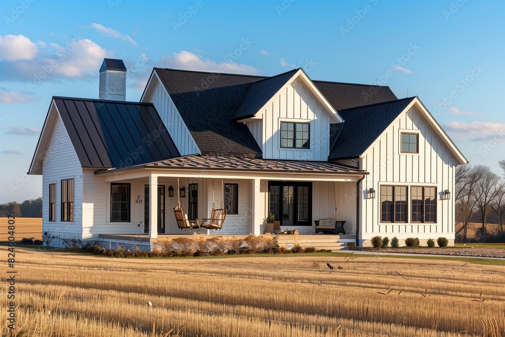 : A modern farmhouse suburban house with a white board and batten exterior, black metal roof, and a large front porch with a swing, surrounded by open fields. : A modern farmhouse suburban house with a white board and batten exterior, black metal roof, and a large front porch with a swing, surrounded by open fields.