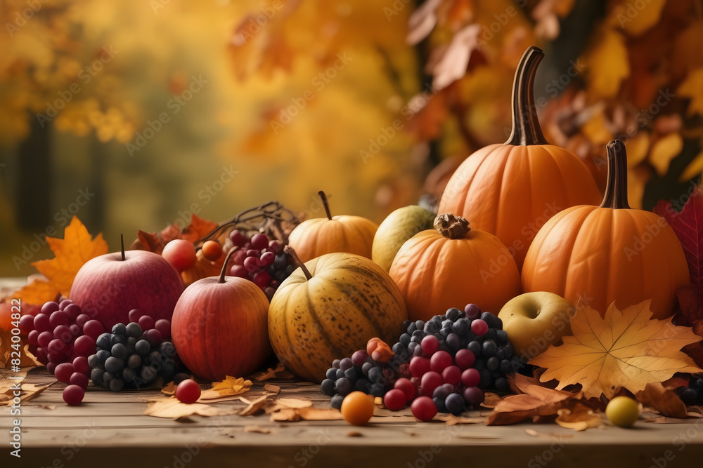 A vibrant Thanksgiving scene: abundant organic fruit, fallen leaves in Indian summer hues. A vibrant Thanksgiving scene: abundant organic fruit, fallen leaves in Indian summer hues.