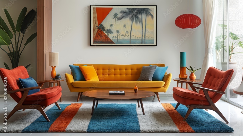 Fototapeta premium Mid-century modern living room with yellow sofa, red chairs, and colorful cushions. Framed artwork of palm trees on the wall, potted plants, and decorative items.
