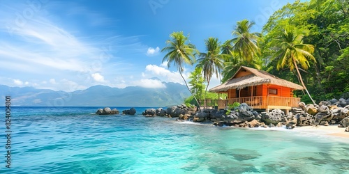 Tranquil Tropical Island with a Hut, Palm Trees, and Blue Water. Concept Tropical Getaway, Beach Bungalow, Palm Tree Paradise, Crystal Blue Waters