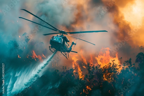 Helicopter dropping water on forest fire. Natural disaster and wildfire. Emergency response and firefighting concept. Design for banner, poster