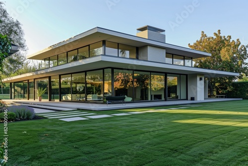   A modern minimalist suburban house with sharp geometric lines  large glass windows  and a flat roof  surrounded by a manicured lawn and a few strategically placed trees.