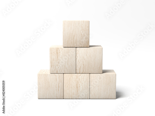 Six wooden blocks isolated on white background. Blank. Empty. Pyramid. 3d illustration.