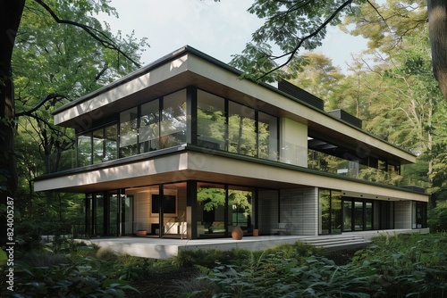 : A modern suburban house with a cantilevered upper floor, extensive use of glass, and a minimalist aesthetic, set in a densely wooded area.