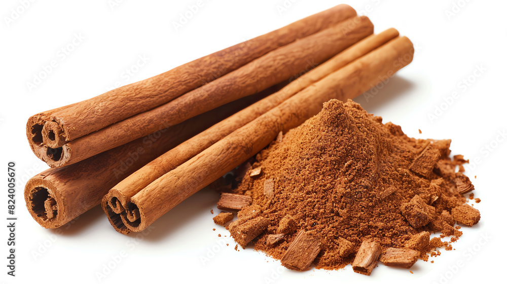 Close-Up of Cinnamon Sticks and Ground Cinnamon on White Background Close-Up of Cinnamon Sticks and Ground Cinnamon on White Background
