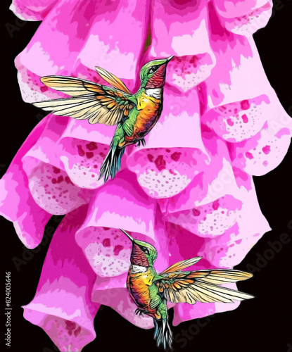 Illustration of two Hummingbirds feeding on foxglove blossoms