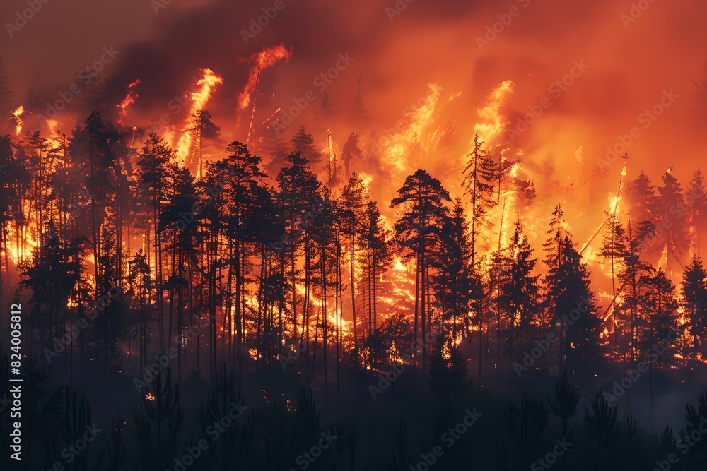 Trees burning in forest fire. Climate change and global warming. Natural disaster and wildfire concept. Design for banner, poster