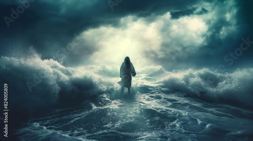 Jesus walks on the waters of the sea in the middle of a storm Biblical theme concept. Generative AI
