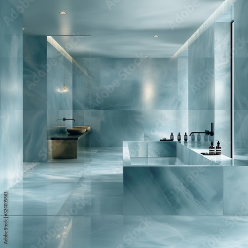 A sleek  modern bathroom featuring walls clad in Sky Blue marble  the stone s serene color palette creating a tranquil and spa-like atmosphere.