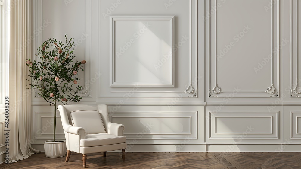 A mockup of a blank square photo frame hanging in the middle of wall with Traditional, classic, elegant decoration in Room Captured in the style of architectural photography., A mockup of a blank square photo frame hanging in the middle of wall with Traditional, classic, elegant decoration in Room Captured in the style of architectural photography.,