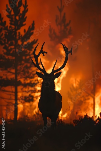 Deer in forest fire. Climate change and global warming. Natural disaster and wildfire concept. Design for banner  poster