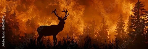 Deer in forest fire. Climate change and global warming. Natural disaster and wildfire concept. Design for banner, header with copy space