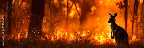 Kangaroo in burning Australian forest. Climate change and global warming. Natural disaster and wildfire concept. Design for banner, header with copy space photo