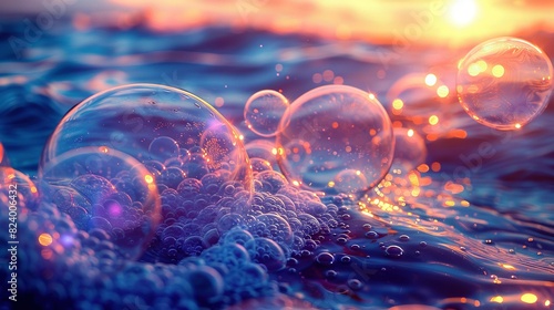   Bubbles float atop water during sunset photo
