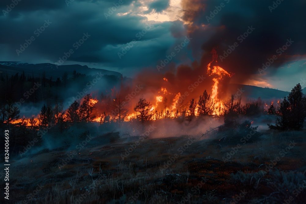 Forest fire with smoke at dusk. Climate change and global warming. Natural disaster and wildfire concept. Design for banner, poster