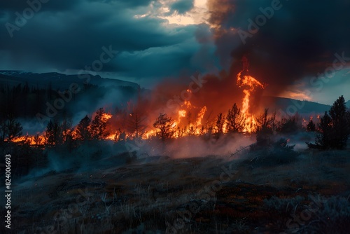 Forest fire with smoke at dusk. Climate change and global warming. Natural disaster and wildfire concept. Design for banner  poster