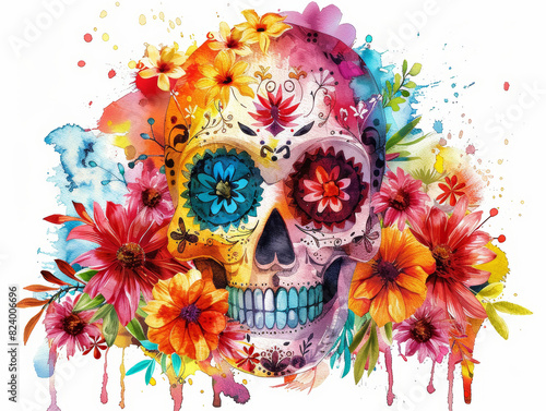 Artistic bohostyle skull adorned with vibrant watercolor flowers against a white background photo