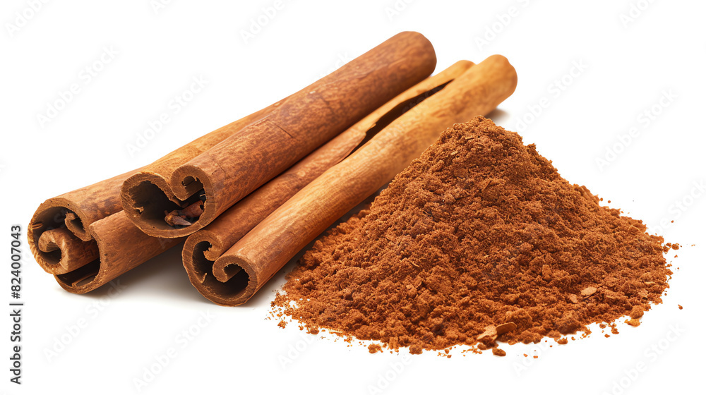 Close-Up of Cinnamon Sticks and Ground Cinnamon on White Background Close-Up of Cinnamon Sticks and Ground Cinnamon on White Background