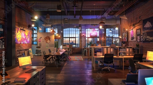 An image of a startup incubator office with shared desks, meeting rooms, and a vibrant entrepreneurial atmosphere. realistic