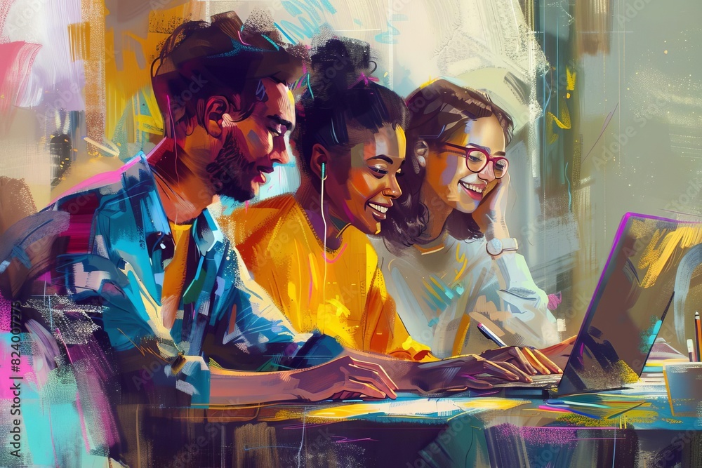 diverse happy colleagues using technology for networking and communication at modern office digital painting