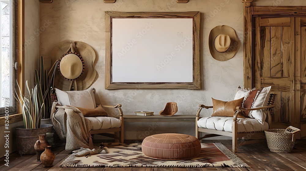 custom made wallpaper toronto digitalA mockup of a blank square photo frame hanging in the middle of wall with Western, cowboy, rustic decoration in Room Captured in the style of architectural photography.,