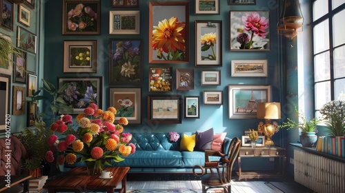 An eclectic office space with a gallery wall of mismatched frames and a vibrant bouquet of dahlias. realistic photo