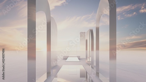 Archways create a reflective pathway leading to a serene sunrise.
